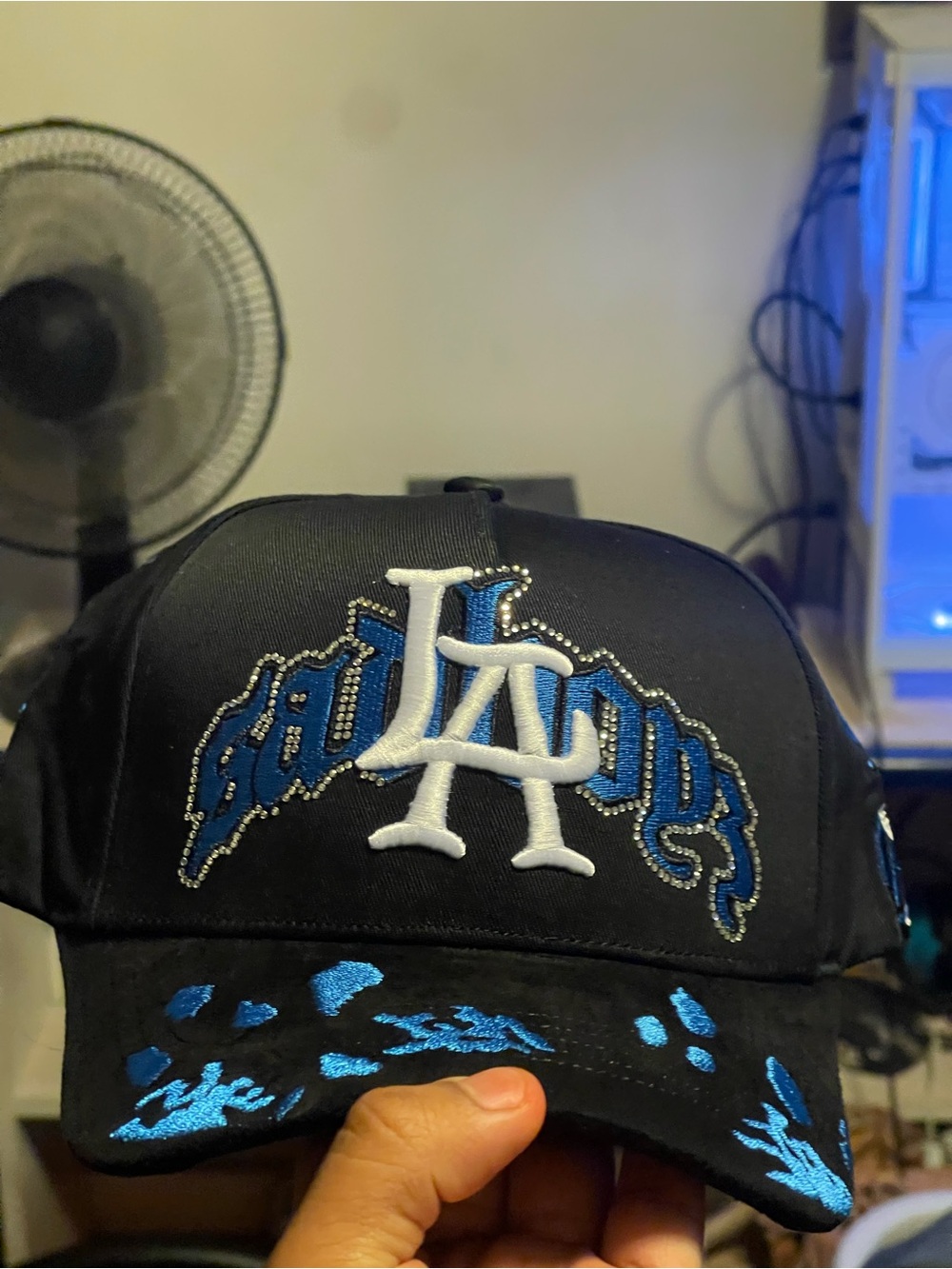 LA Embroidered Baseball Cap in Black and Blue with Rhinestone Detail